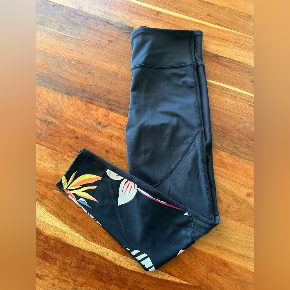 JoyLab Navy Blue Leggings with Colorful Floral Design and Mesh Panels